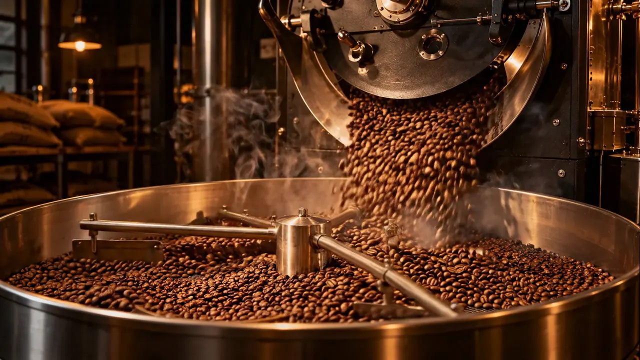 Roasted coffee beans tumbling from the roaster drum into the cooling tray