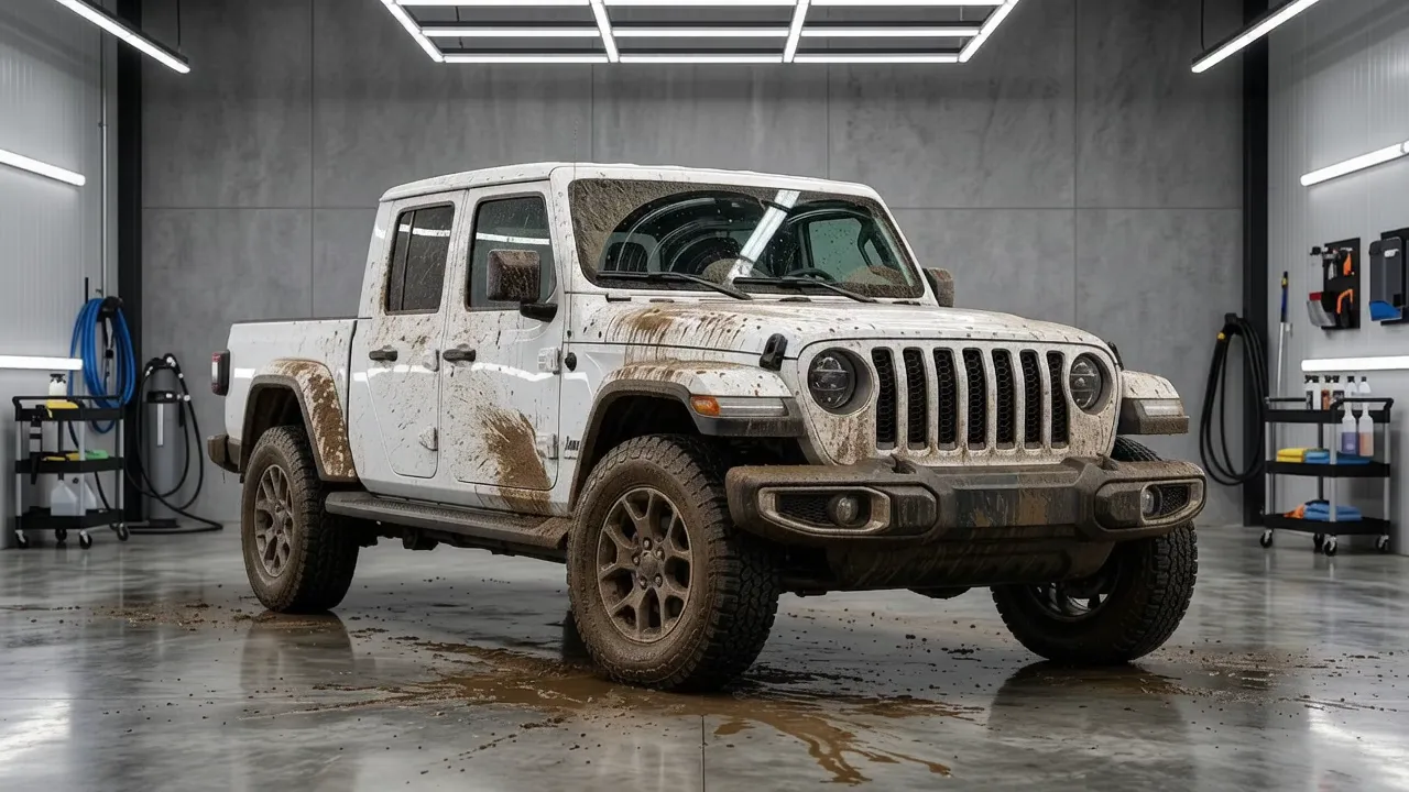 Before: a white pickup truck covered in mud