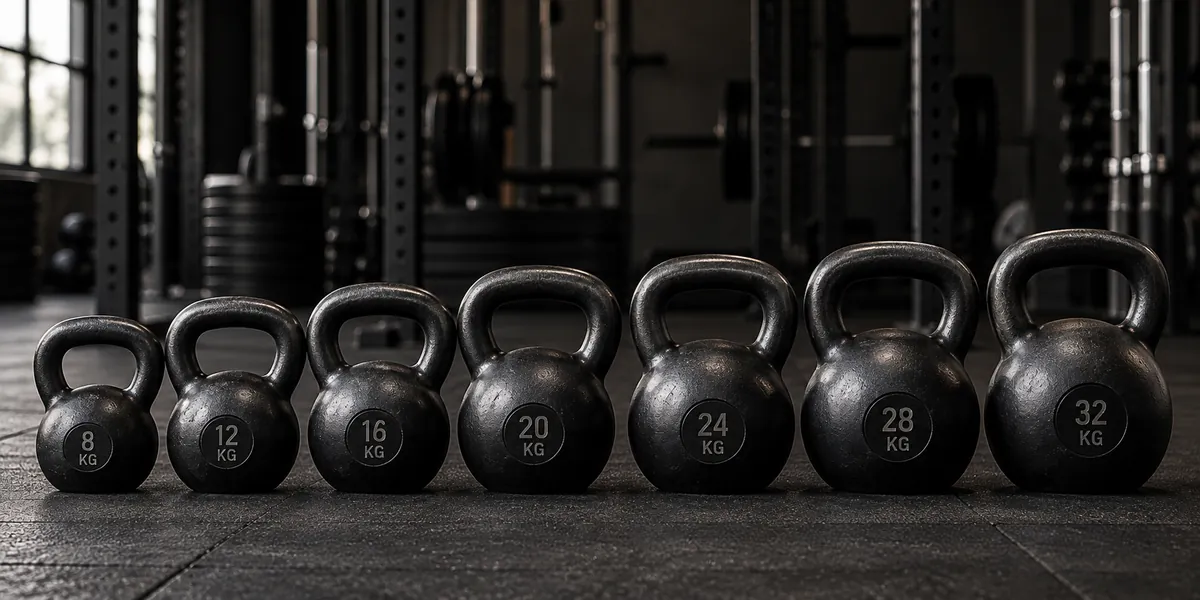 A row of kettlebells from 8 to 32 kilograms on the gym floor