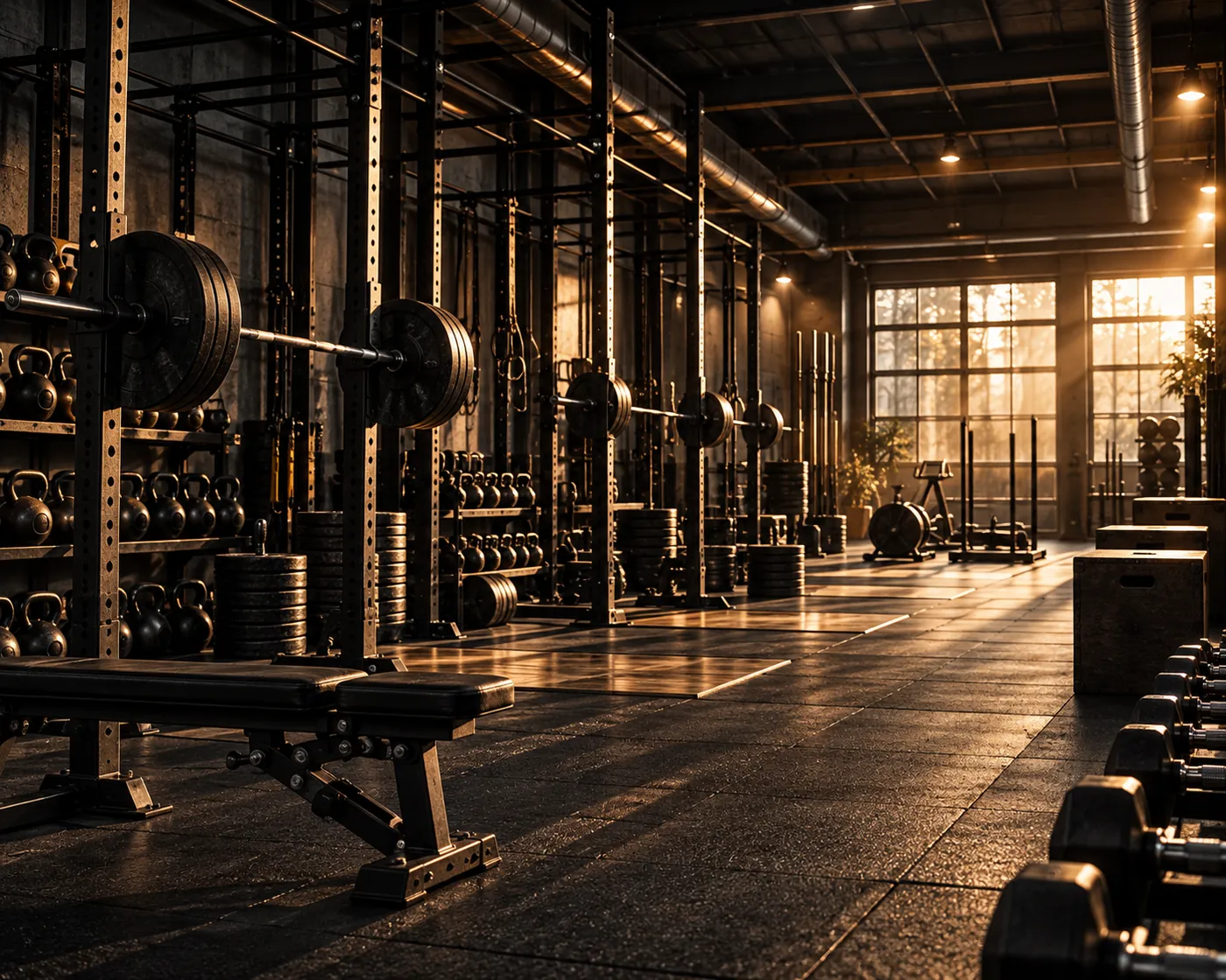Power racks, barbells and kettlebells in the sunlit studio